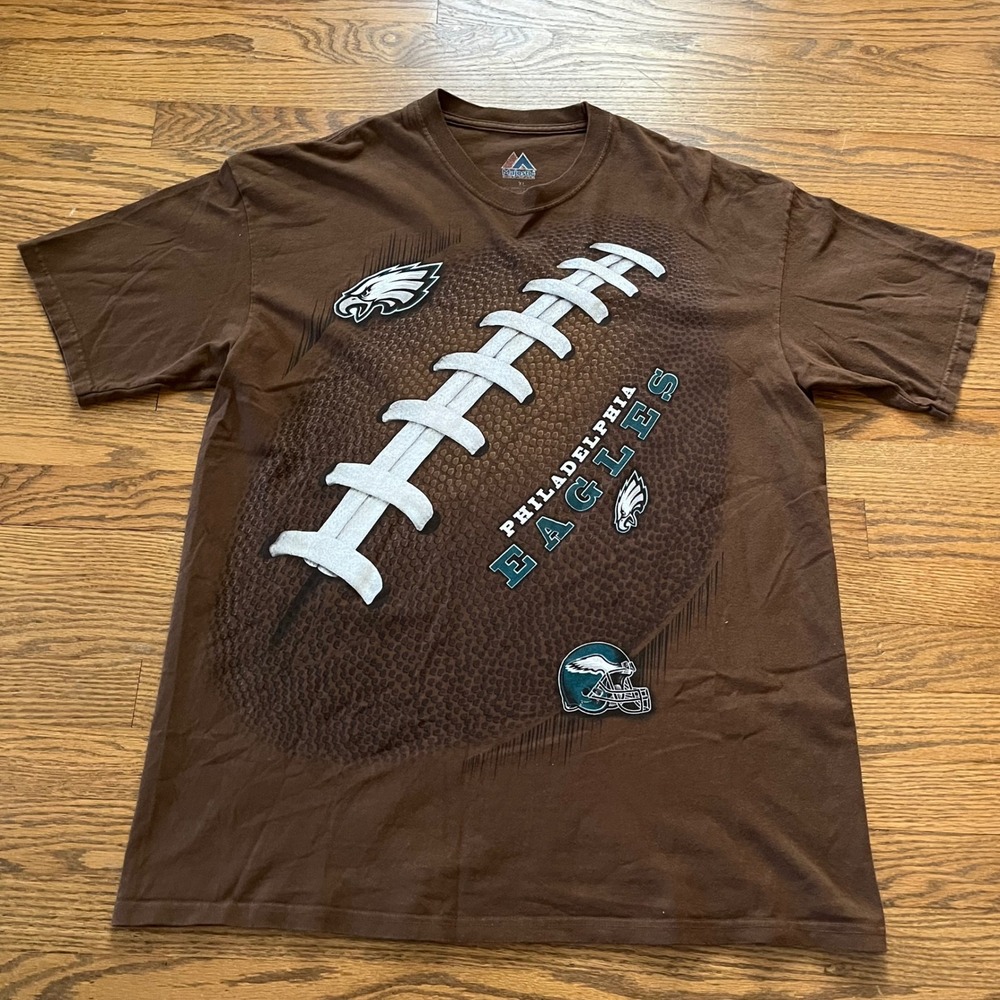 Majestic Philadelphia Eagles T-Shirt Mens XL Brown Football 3D Graphic Tee Y2K
